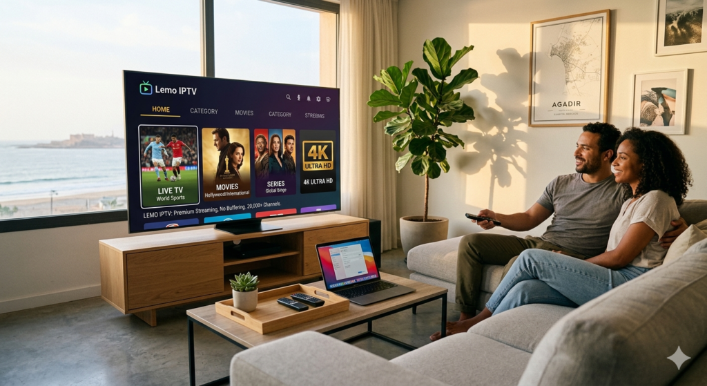 Interface fluide de Lemo IPTV sur un téléviseur Smart TV 4K dans un salon moderne montrant des films et du sport en direct.