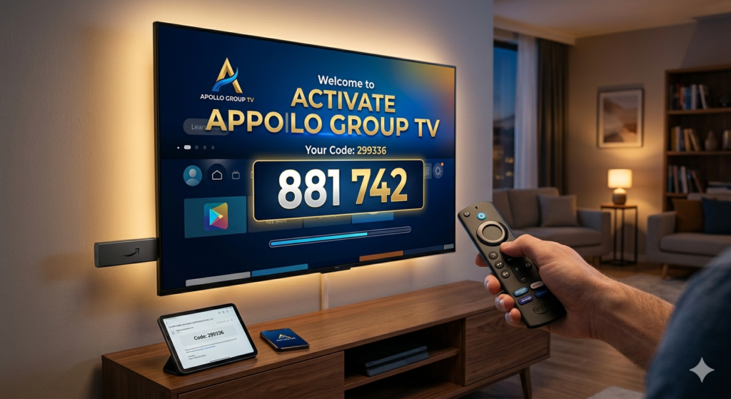 Apollo Group TV activation code screen on a smart TV.