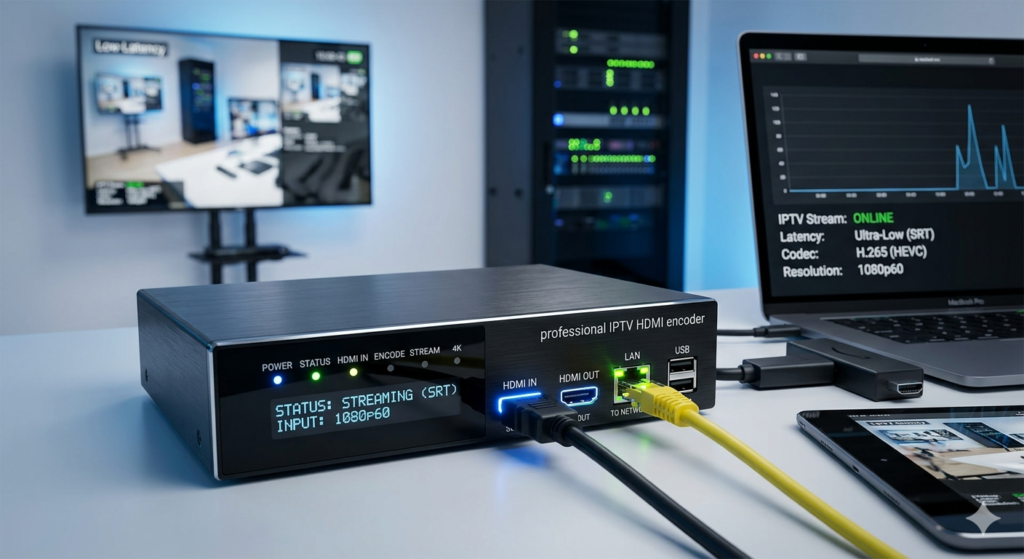 A professional IPTV HDMI encoder streaming 1080p