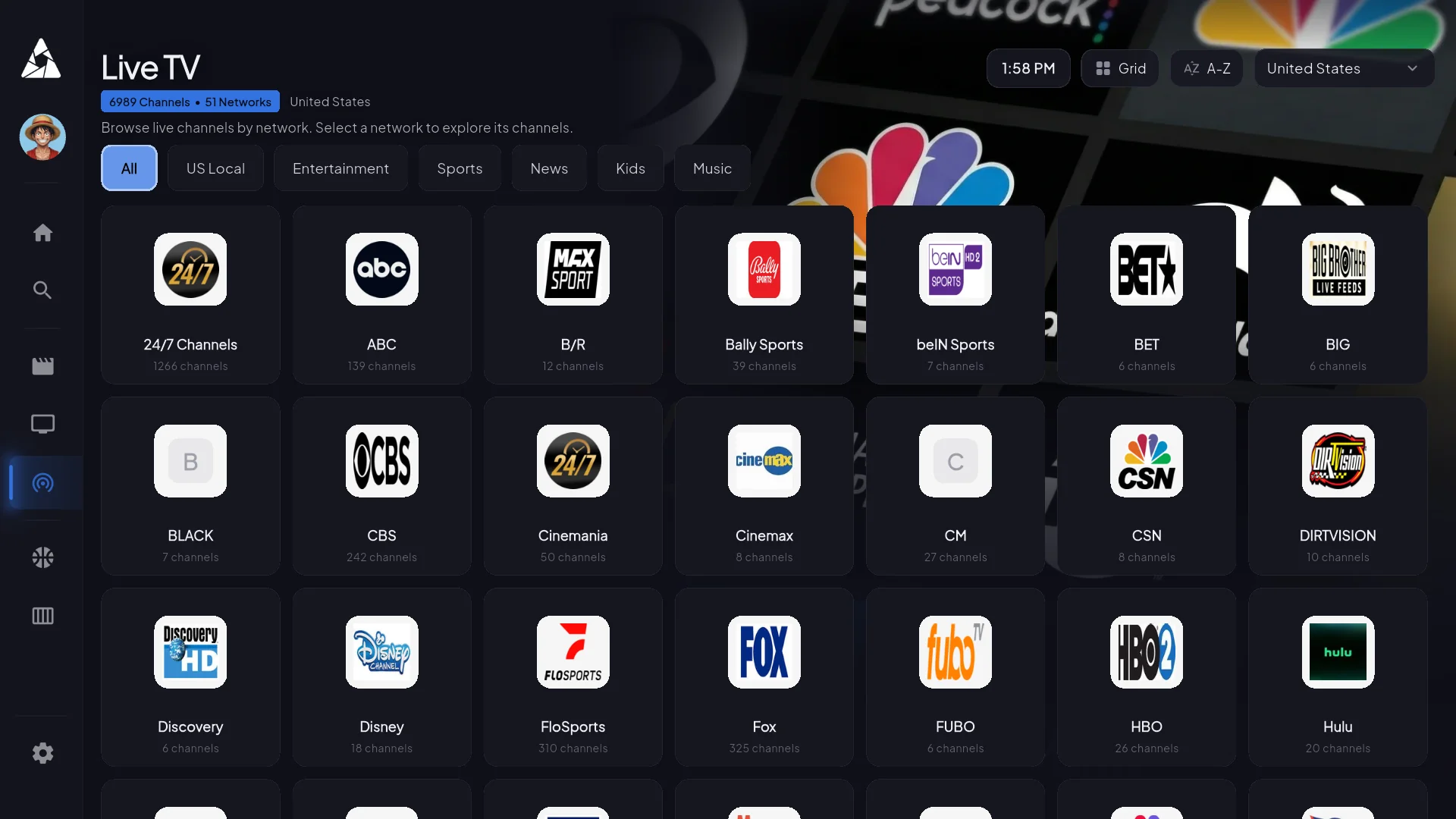 Apollo Group TV live channel grid with logos