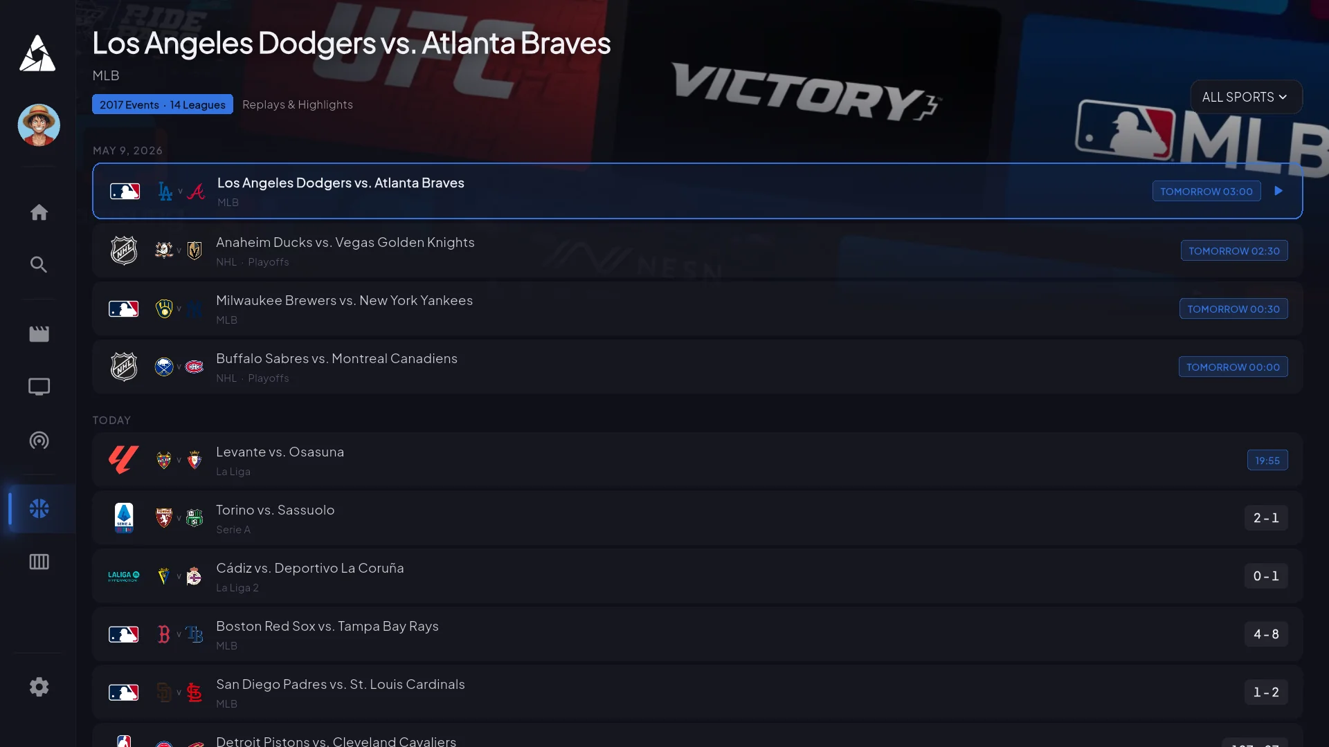 Apollo Group TV sports section with live games